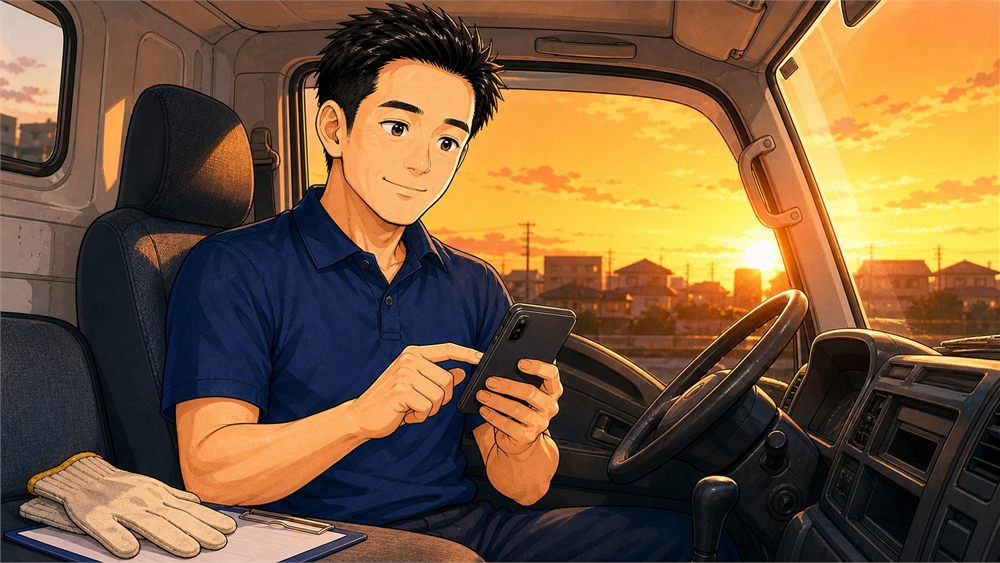 デスクに置かれたスマートフォンと時計、タイムカード