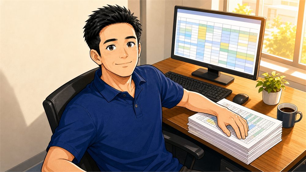 見積書の束とノートパソコン、電卓が並ぶデスク
