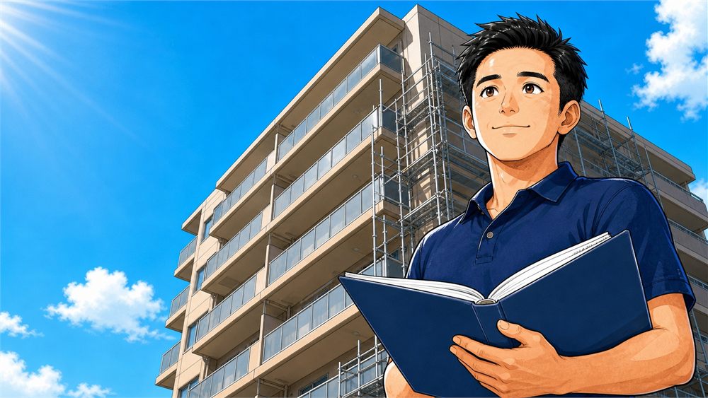 提案書のバインダーとノートパソコン、窓の外にマンション